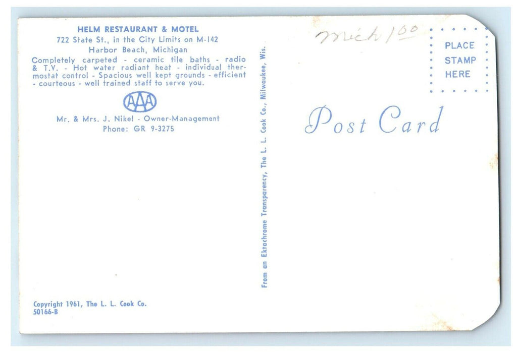c1950's Helm Restaurant And Motel View Harbor Beach Michigan MI Postcard