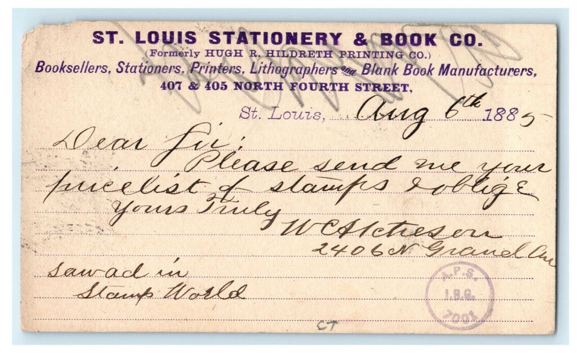 1885 St. Louis Stationary Co. Stamp World Request Lawrence Kansas Postcard