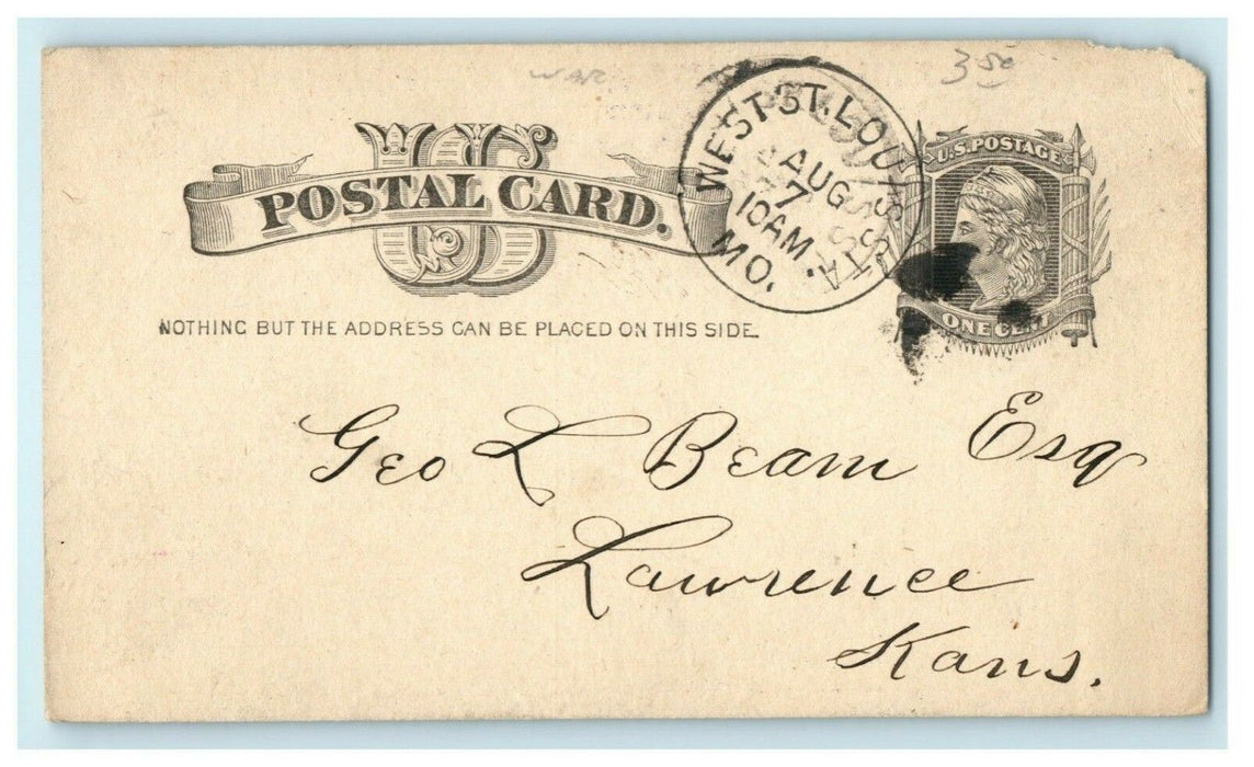 1885 St. Louis Stationary Co. Stamp World Request Lawrence Kansas Postcard