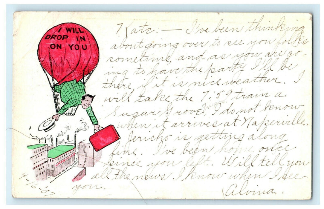 1907 Man in Hot Air Balloon Drop In Naperville Illinois IL Comic Funny Postcard
