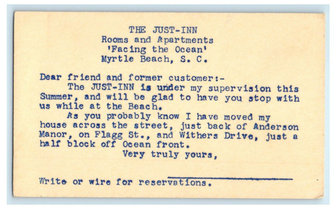 c1940's The Just Inn Rooms And Apartments Myrtle Beach SC Advertising Postcard