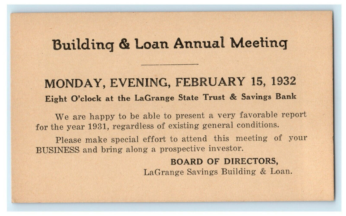 1932 La Grange State Trust & Savings Bank Annual Meeting Illinois IL Postcard
