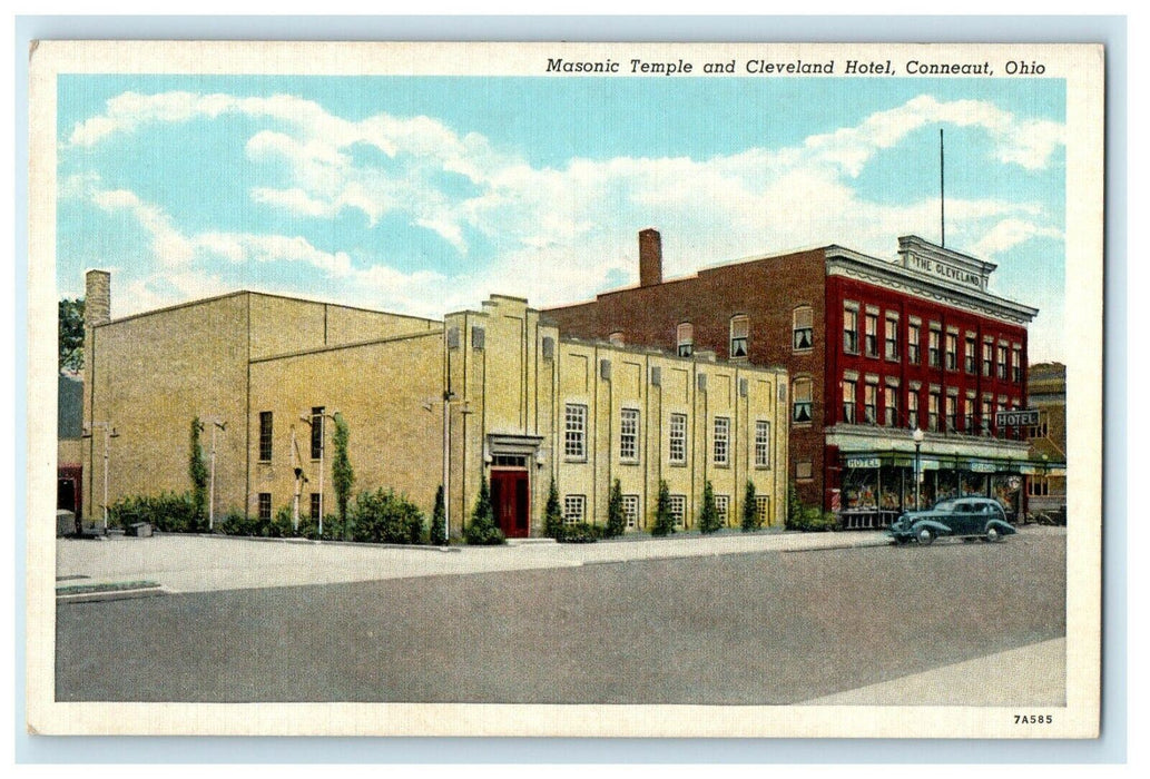 Masonic Temple And Cleveland Hotel Street Scene Car Conneaut Ohio OH Postcard