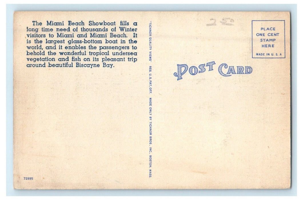 Miami Beach FL, Showboat Largest Glass Bottom Underwater Illumination Postcard