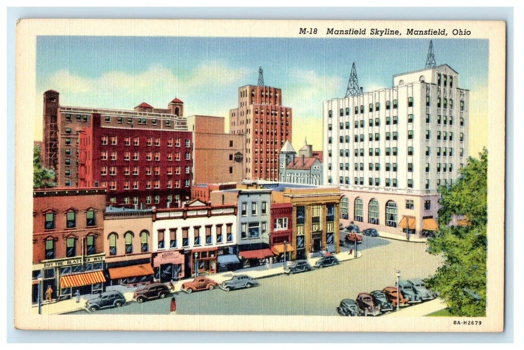 c1940's View Of Mansfield Skyline Building Cars Mansfield Ohio OH Postcard