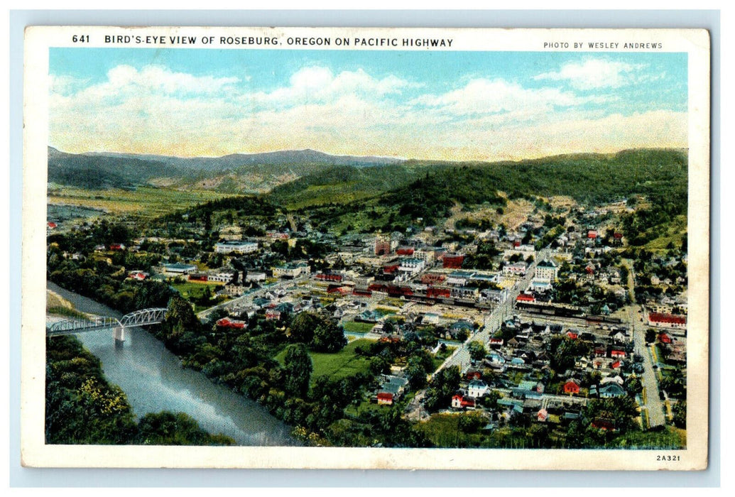 1935 Bird's Eye View of Roseburg, Oregon OR on Pacific Highway RPO Postcard