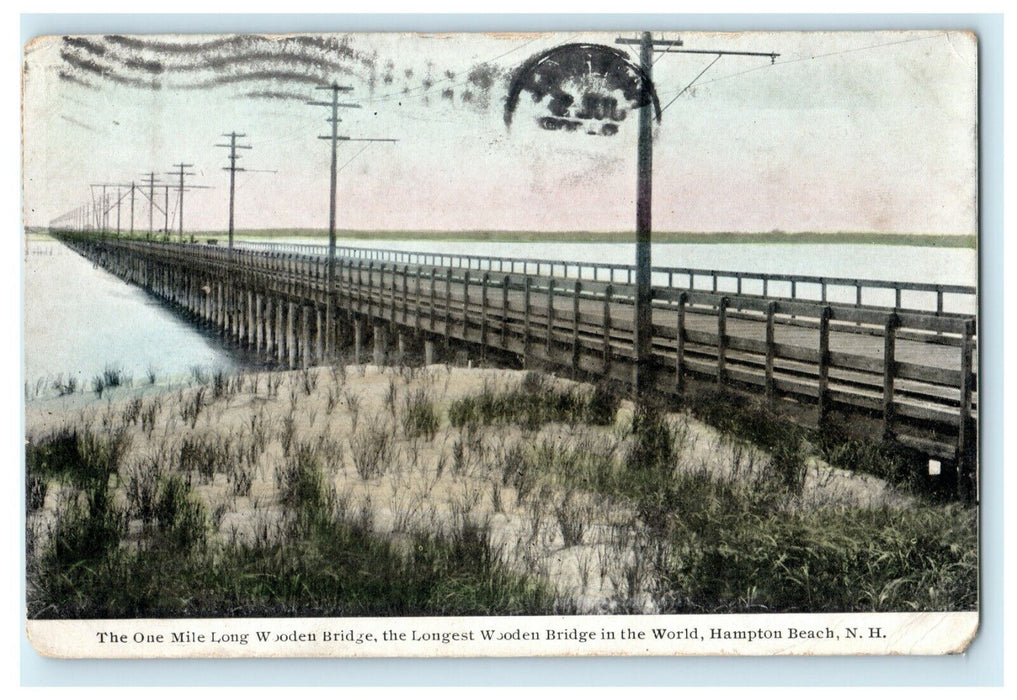 1910 Longest Wooden Bridge Hampton Beach New Hampshire NH Antique Postcard