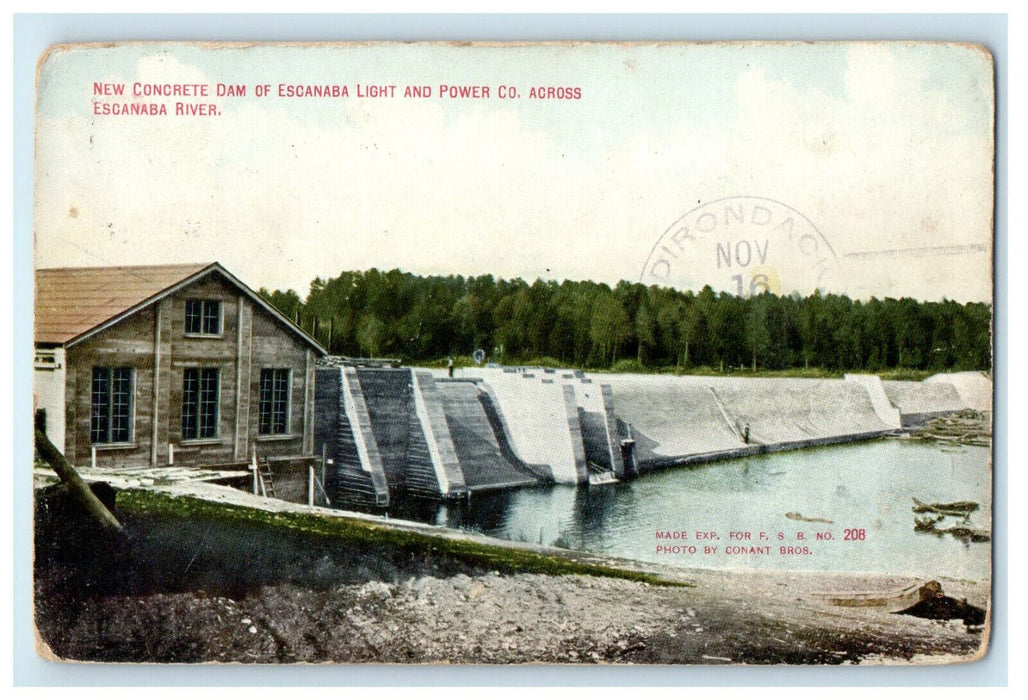 1909 New Concrete Dam of Escanaba Light and Power Co. Michigan MI Postcard