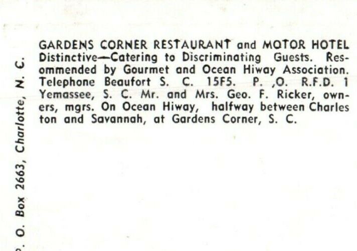 Gardens Corner Restaurant Motor Hotel Gardens Corner South Carolina SC Postcard