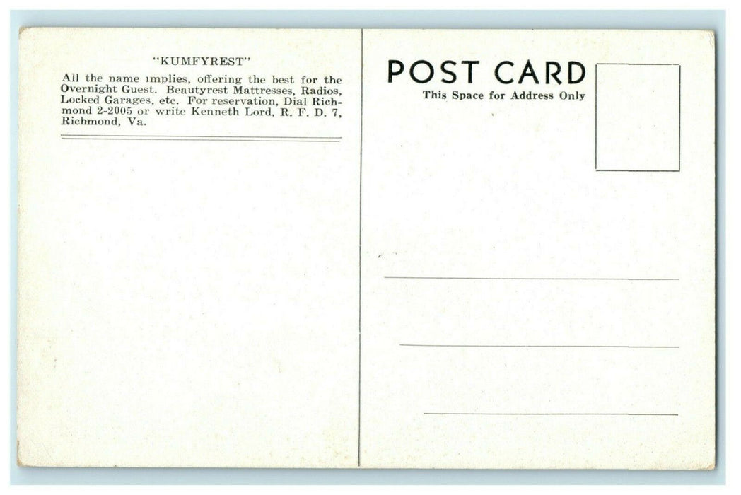 c1930's Kumfyrest Richmond Virginia VA U.S. Highway 1 Vintage Postcard