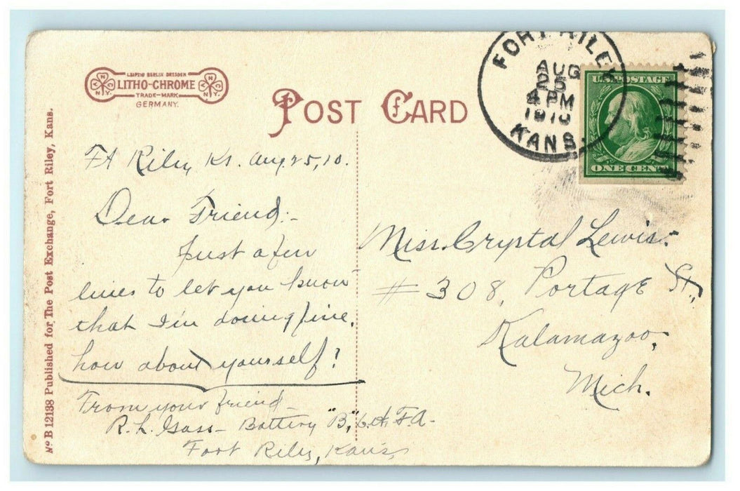 1910 Artillery Post Fort Riley Kansas Avenue KS Posted Antique Postcard