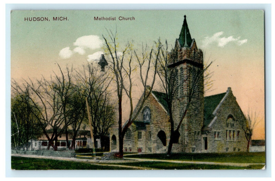 1909 Methodist Church Hudson Michigan MI Posted Antique Postcard
