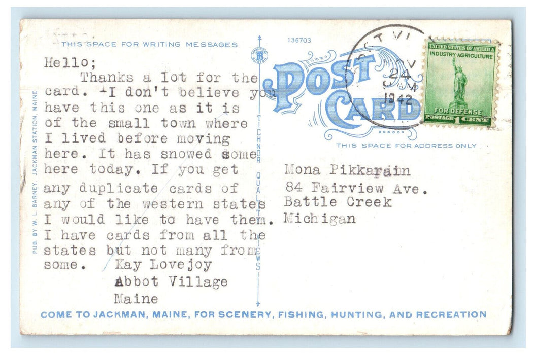 1942 Sacred Heart Convent, Jackman Maine ME Vintage Posted Postcard