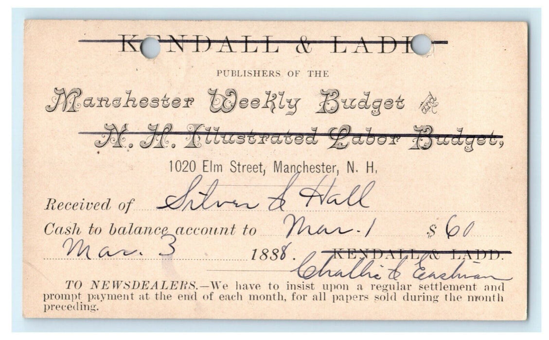 1888 Kondall Ladd Manchester New Hampshire Receipt Gossville Antique Postcard