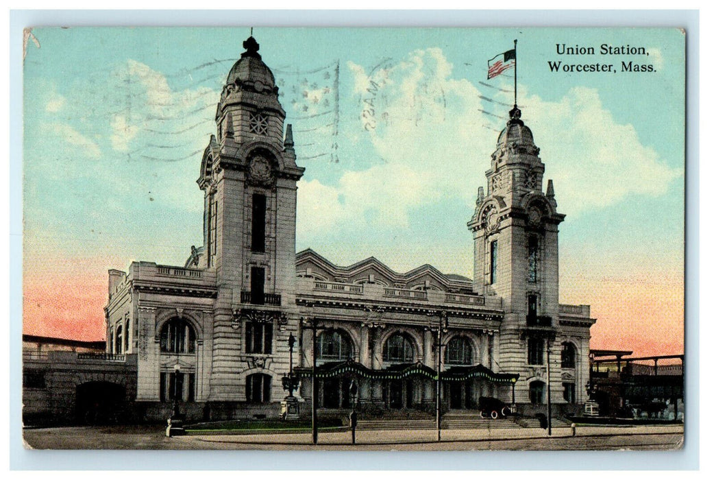 1913 View of the Union Station, Worcester Massachusetts MA Posted Postcard