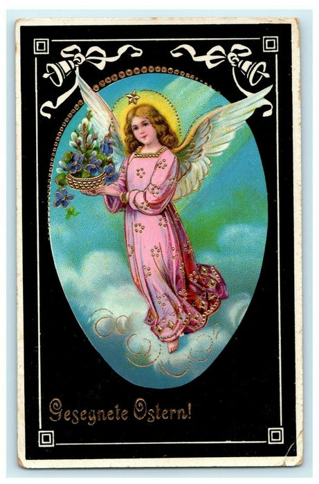 Beautiful Easter Angel Gel Gold Gilt Flowers Germany c1910 Antique Postcard