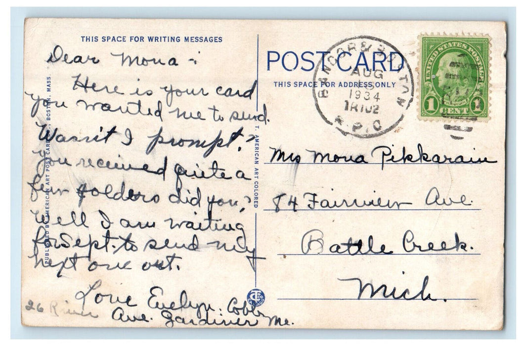 1934 Fountain City Park Gardiner Maine ME Posted Vintage RPO Postcard