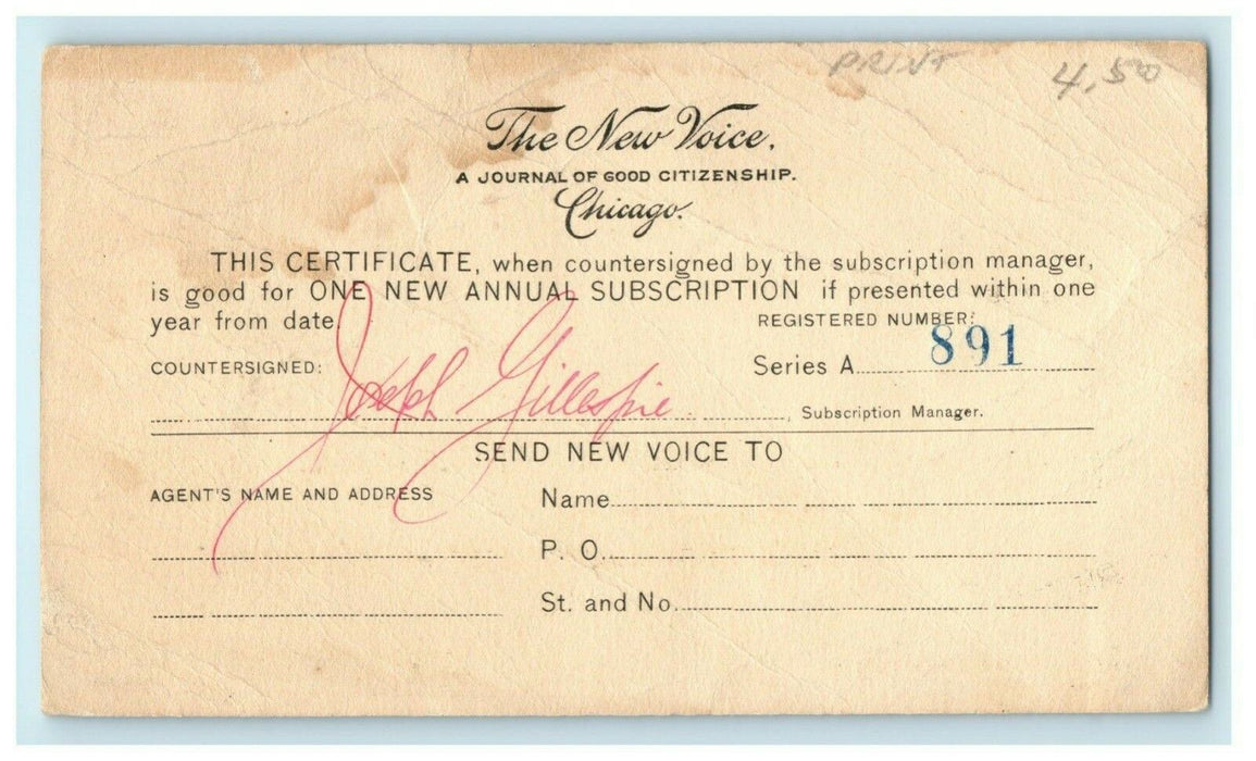 c1900 The New Voice Magazine Subscription Chicago Illinois IL Antique Postcard