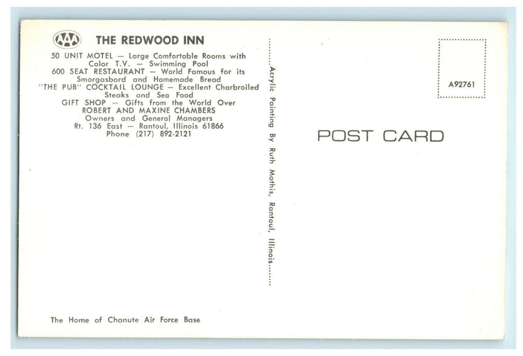 Redwood Inn Rantoul Illinois IL Ruth Mathis Painting Vintage Postcard