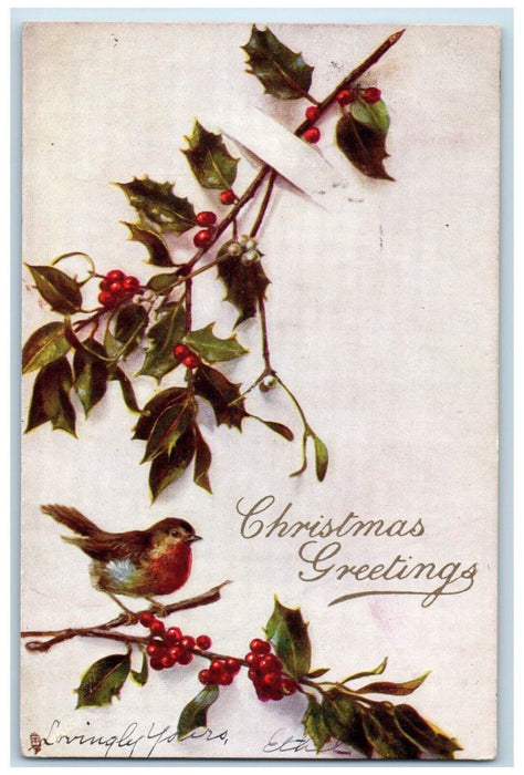 1907 Christmas Greetings Holly Leaf Posted Oilette Tuck Art Postcard