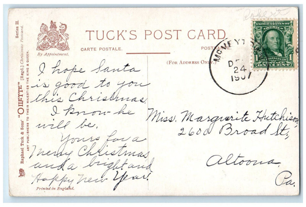1907 Christmas Greetings Holly Leaf Posted Oilette Tuck Art Postcard