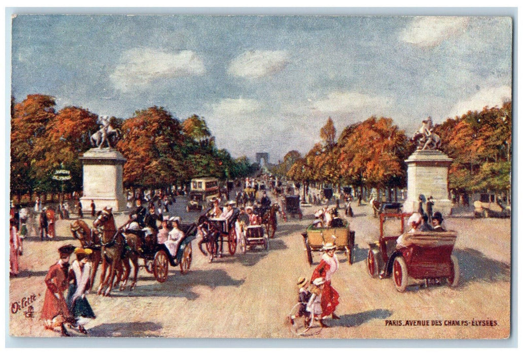 c1910 Horse Carriage, Avenue Des Champs Elysees Paris Oilette Tuck Art Postcard