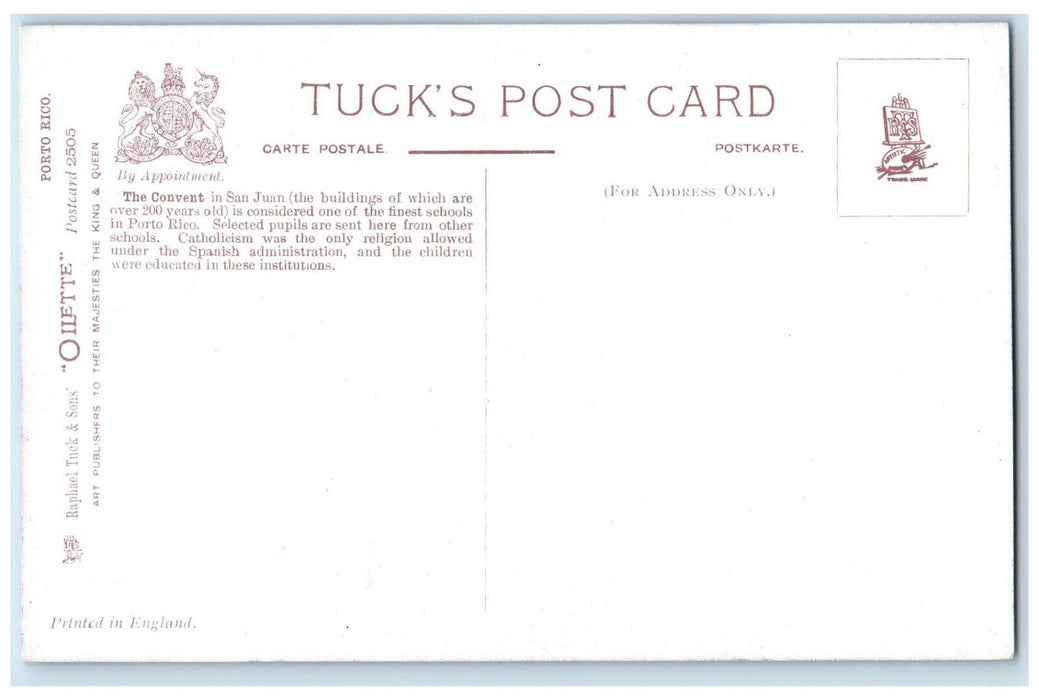 c1910 The Convent San Juan Puerto Rico Unposted Oilette Tuck Art Postcard