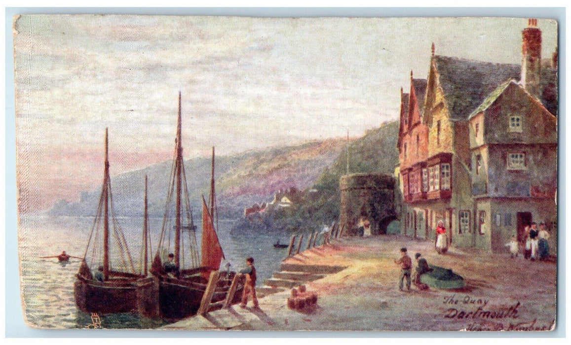 c1910 Boat Scene, The Quay Dartmouth England Aquarette Tuck Art Postcard