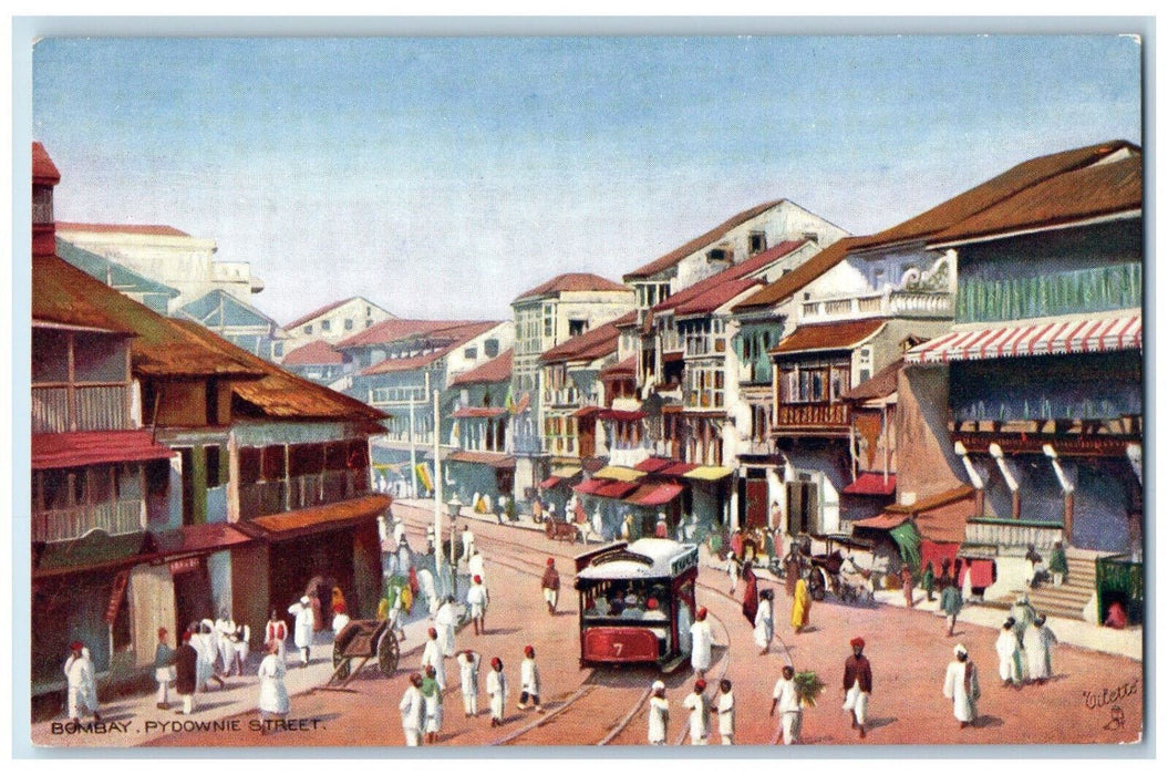 c1910 Trolley Car Bombay Pydownie Street, India Oilette Tuck Art Postcard