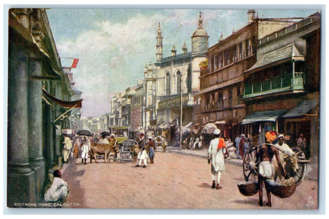 c1910 Busy Crowd Scene at Chitpore Road Calcutta Oilette Tuck Art Postcard