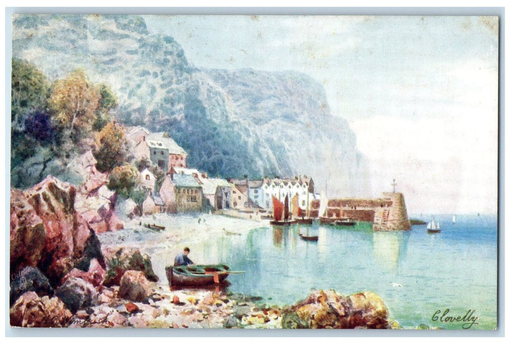 c1910 View of Wooded Steep, Boat Sailing, Clovelly Oilette Tuck Art Postcard