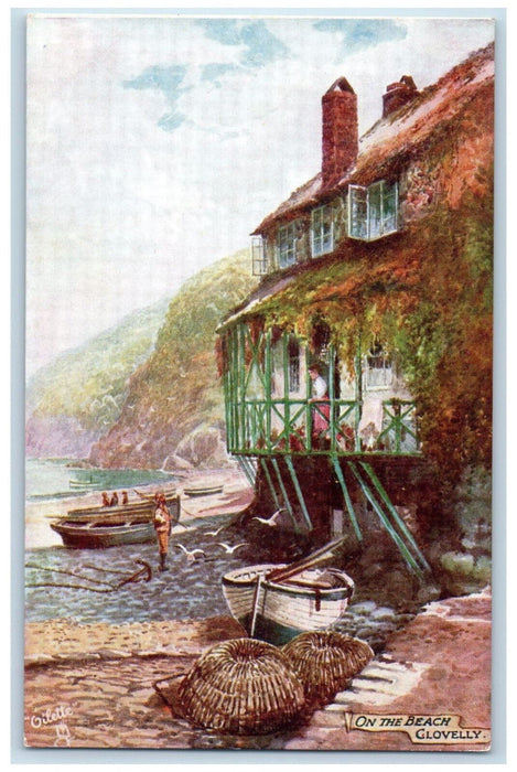 c1910 Anchor, Boat On The Beach Clovelly Devon England Oilette Art Tuck Postcard