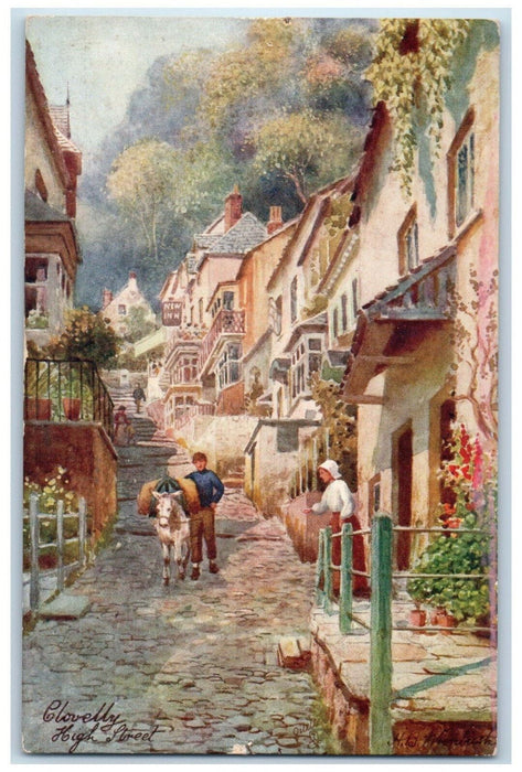 c1910 Scene at Clovelly High Street Devon England Oilette Tuck Art Postcard