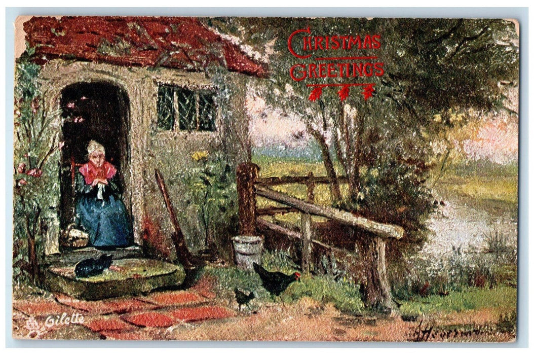 c1910 Grandma, Christmas Greetings Rustic Homesteads Oilette Tuck Art Postcard