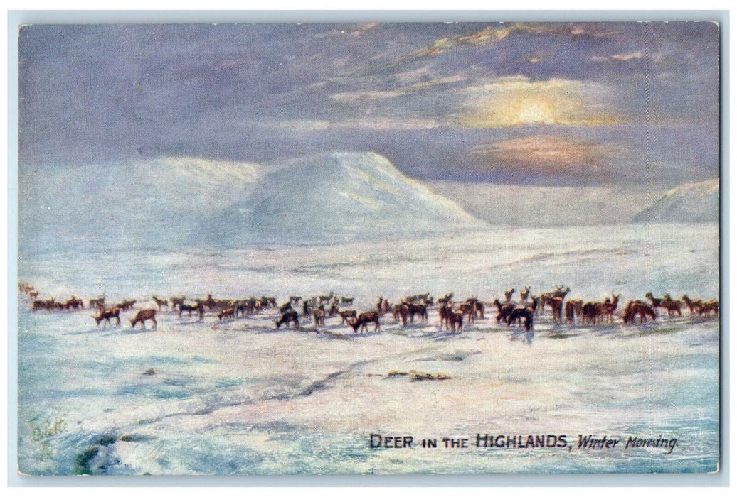 c1910 Deer in the Highlands Winter Morning Unposted Oilette Tuck Art Postcard