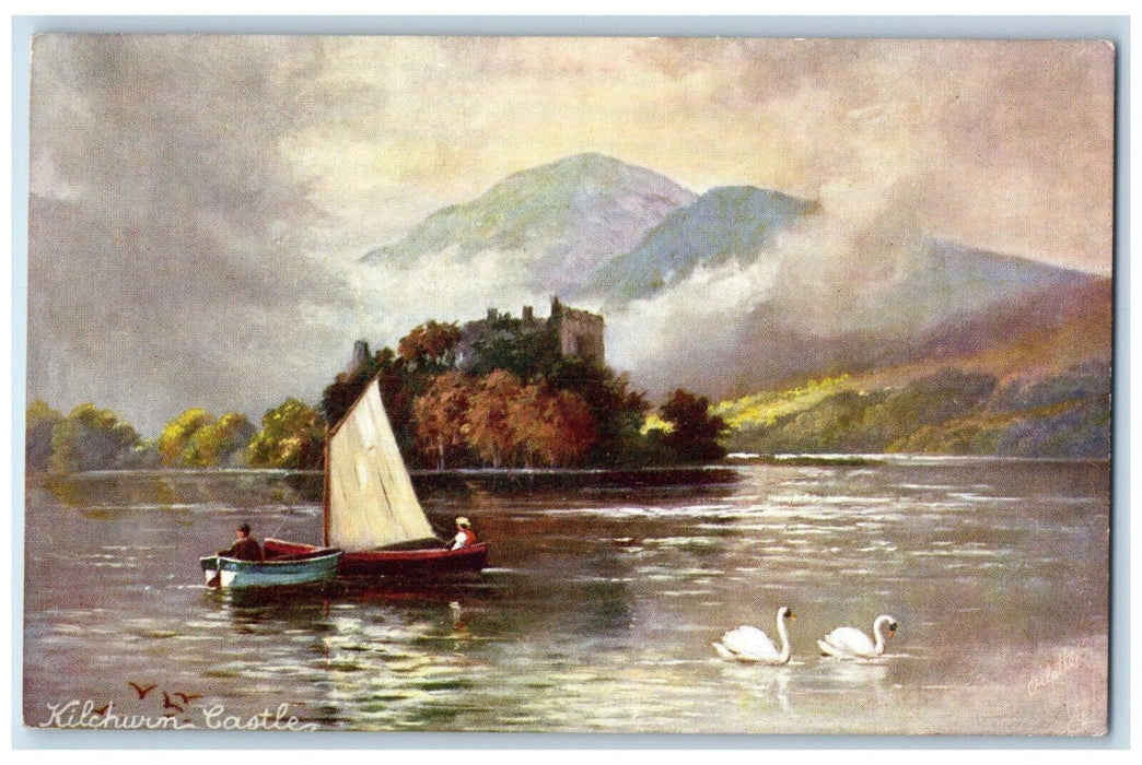 c1910 Kilchurch Castle, Swan, Boat, Lochawe Scotland Oilette Tuck Art Postcard