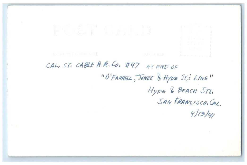 1941 O'Farrell Jones & Hyde St. Cable Car R.R. Co. #47 CA RPPC Photo Postcard