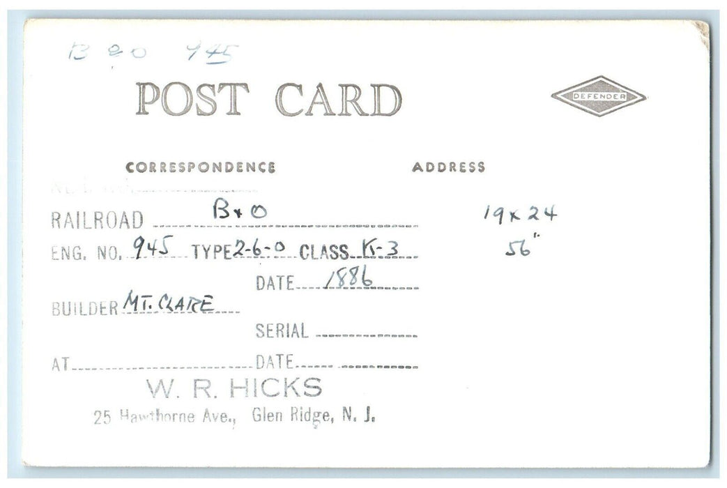 1886 B&O Eng. No. 945 K-3 Railroad Workers Mt. Clare RPPC Photo Postcard