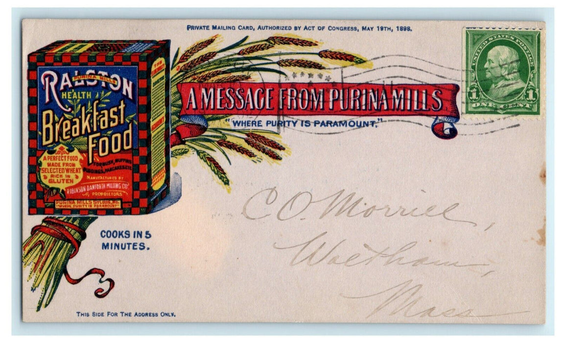 1902 Purina Mills Advertising Food Boston Massachusetts MA Waltham Postcard