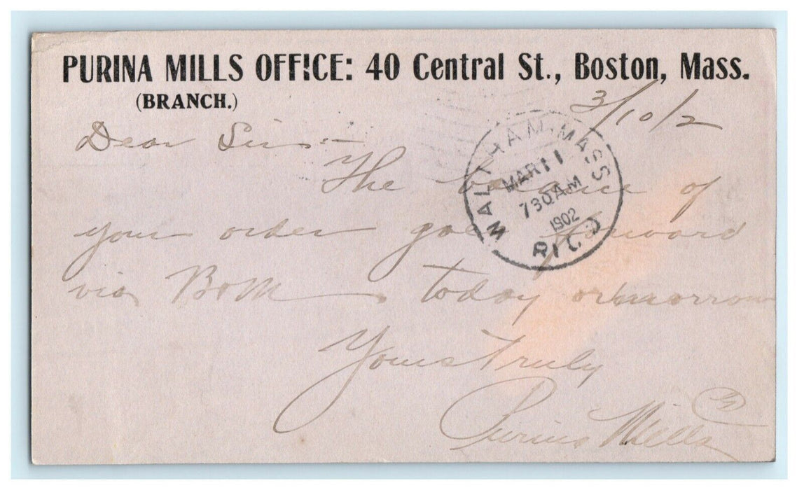 1902 Purina Mills Advertising Food Boston Massachusetts MA Waltham Postcard