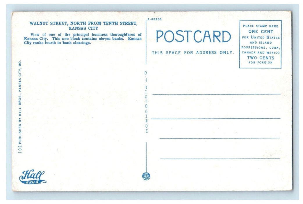 c1930s Walnut Street North from Tenth St. Kansas City Missouri MO Postcard