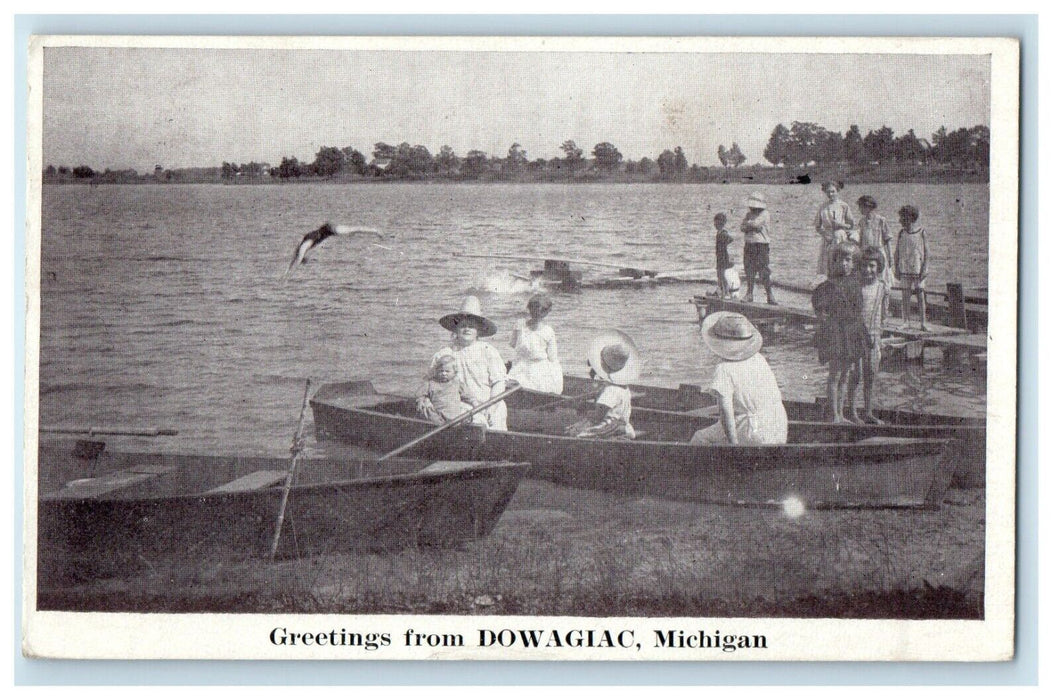 1927 Greetings From Dowagiac Michigan MI, Lake Boat View Vintage Postcard