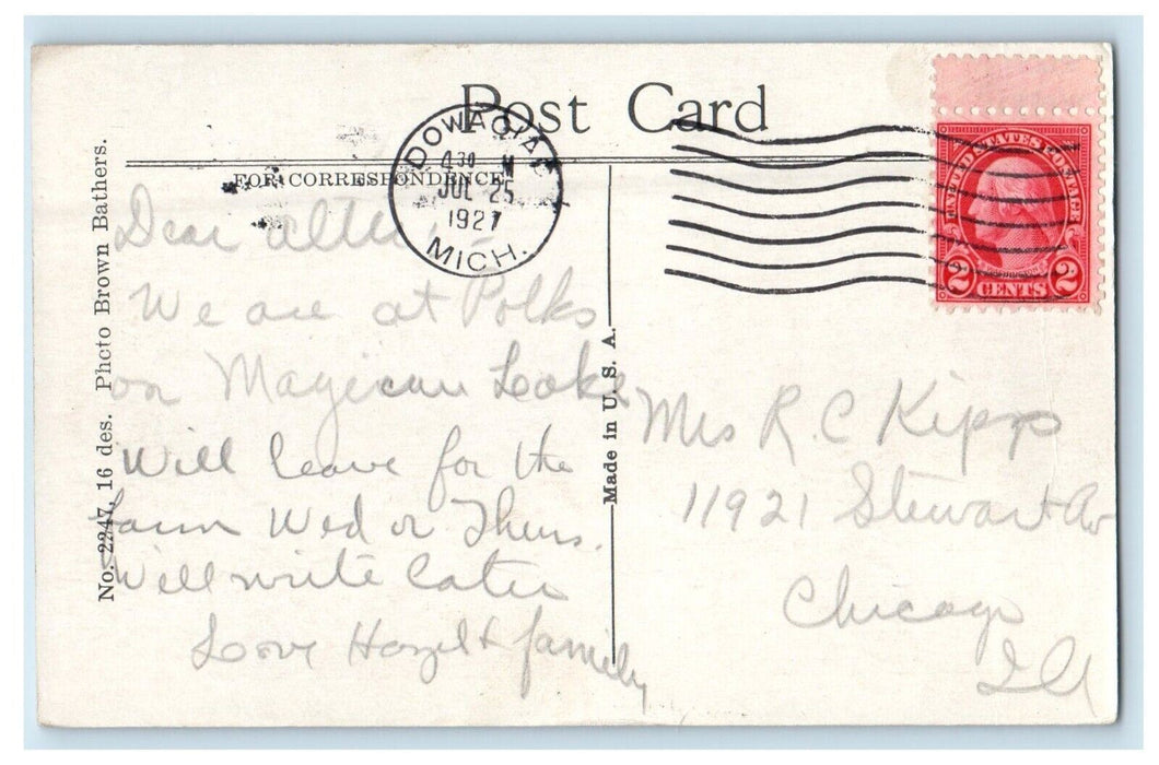 1927 Greetings From Dowagiac Michigan MI, Lake Boat View Vintage Postcard