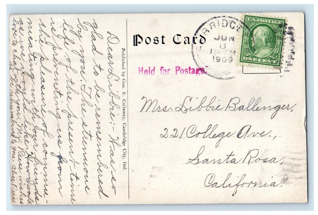1909 First Interurban Car Cambridge City Indiana IN Posted Antique Postcard