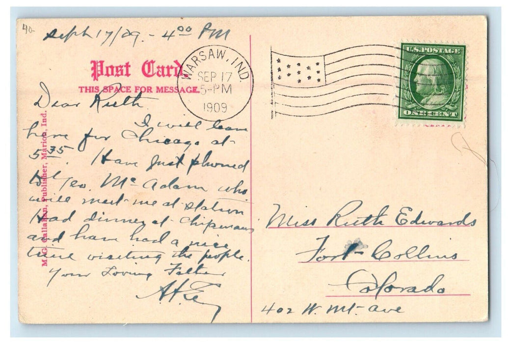 1909 Pennsylvania Depot Station Railroad Warsaw Indiana IN Antique Postcard
