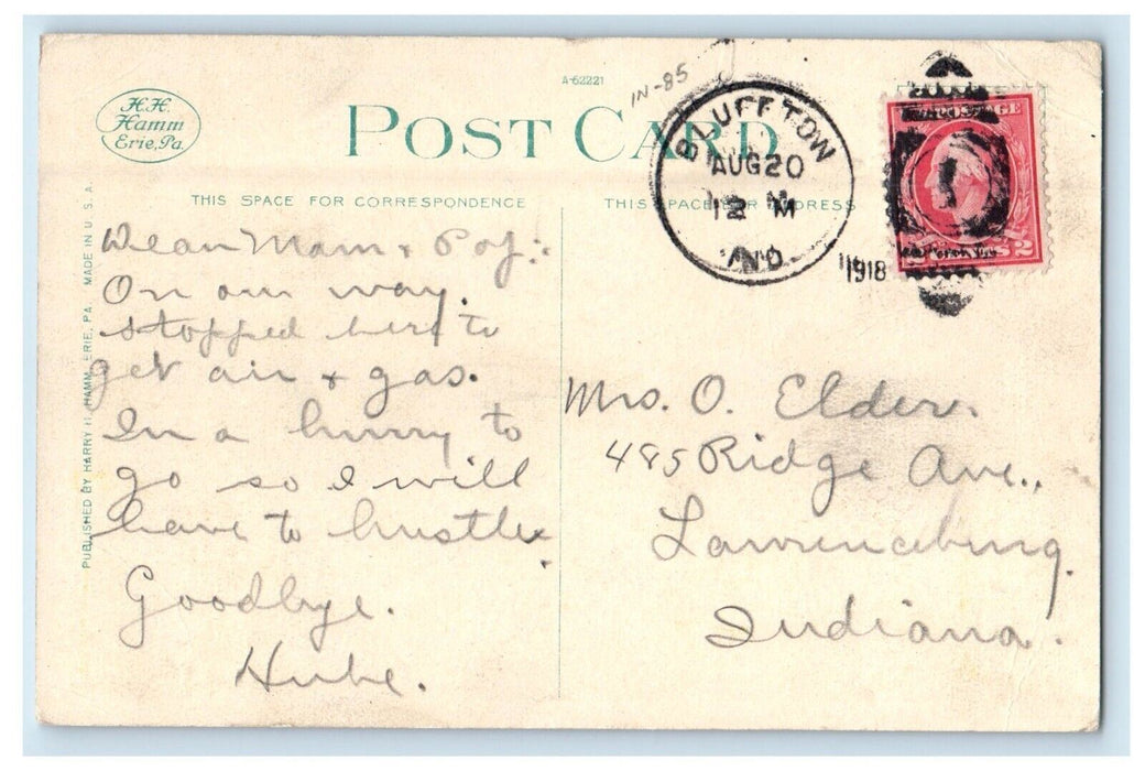 1918 Court House Building Tower Clock Cars Bluffton Indiana IN Antique Postcard