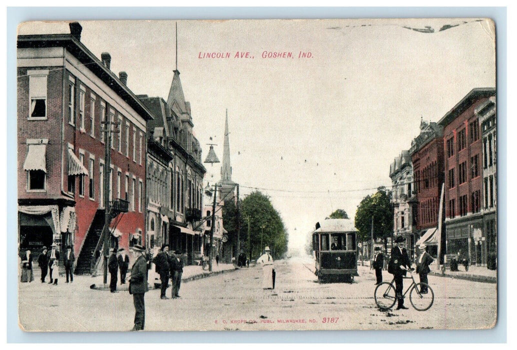 c1910's View Of Lincoln Avenue Trolley Goshen Indiana IN Unposted Postcard