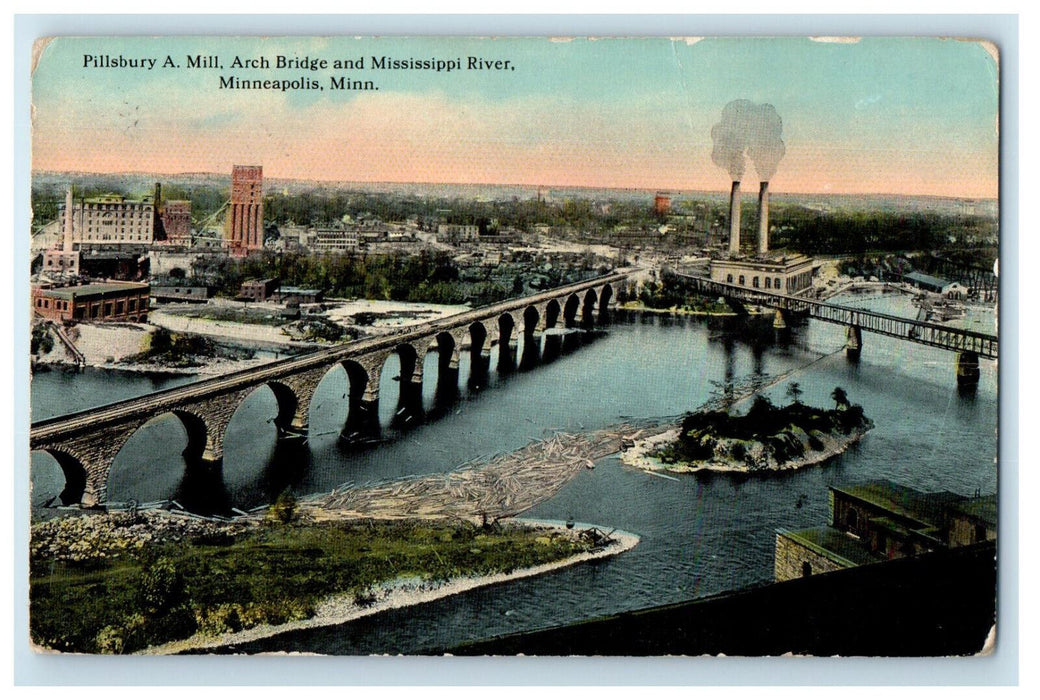 1901 Pillsbury A. Mill Arch Bridge and Mississippi River Minneapolis MN Postcard