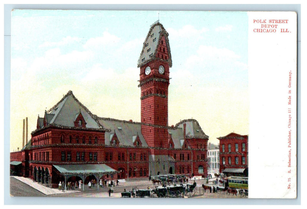 c1905 Polk Street Depot, Chicago Illinois IL B. Sebastian Antique Postcard