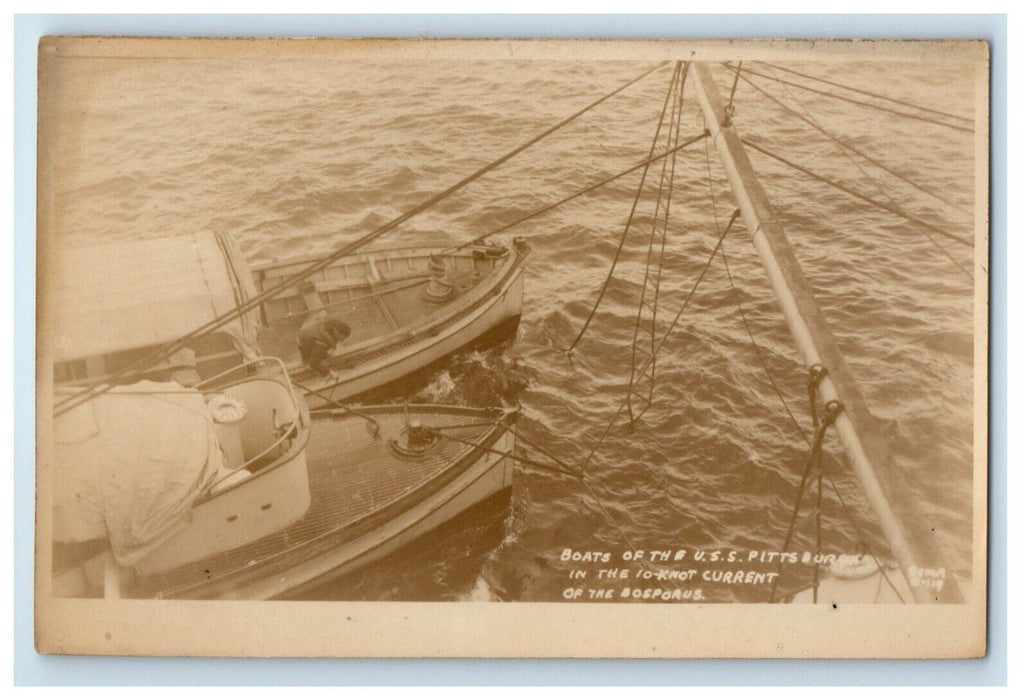 Boats Of USS Pittsburgh In The 10-Knot Current Of Bosporus RPPC Photo Postcard